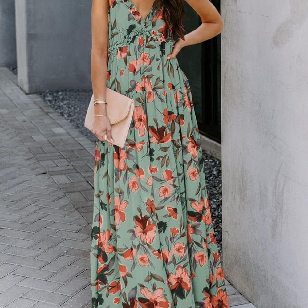 Floral Maxi Dress in Green and Red